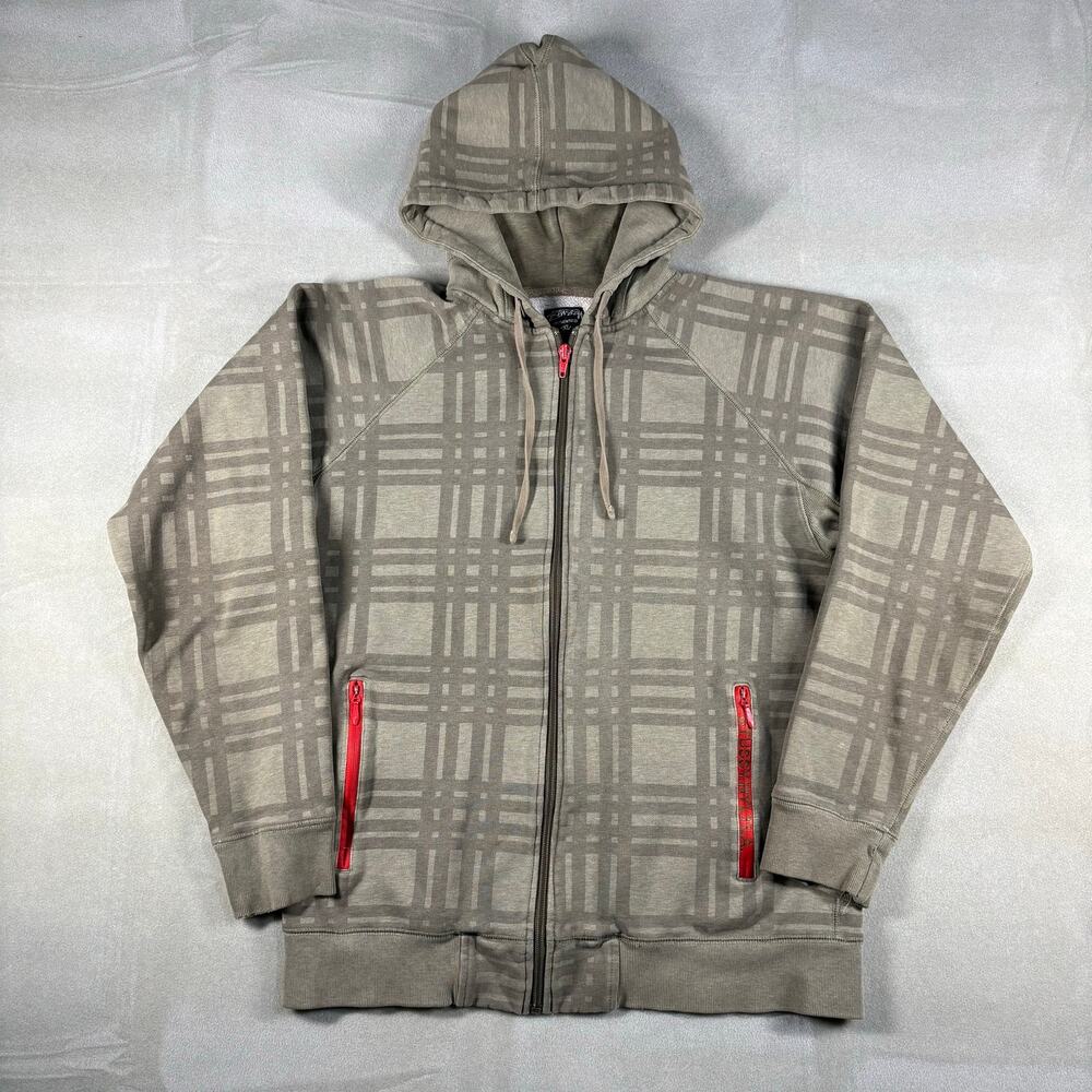 Stussy Plaid Full Zip Hoodie Sherpa Lined Gray Red Mens XL Streetwear